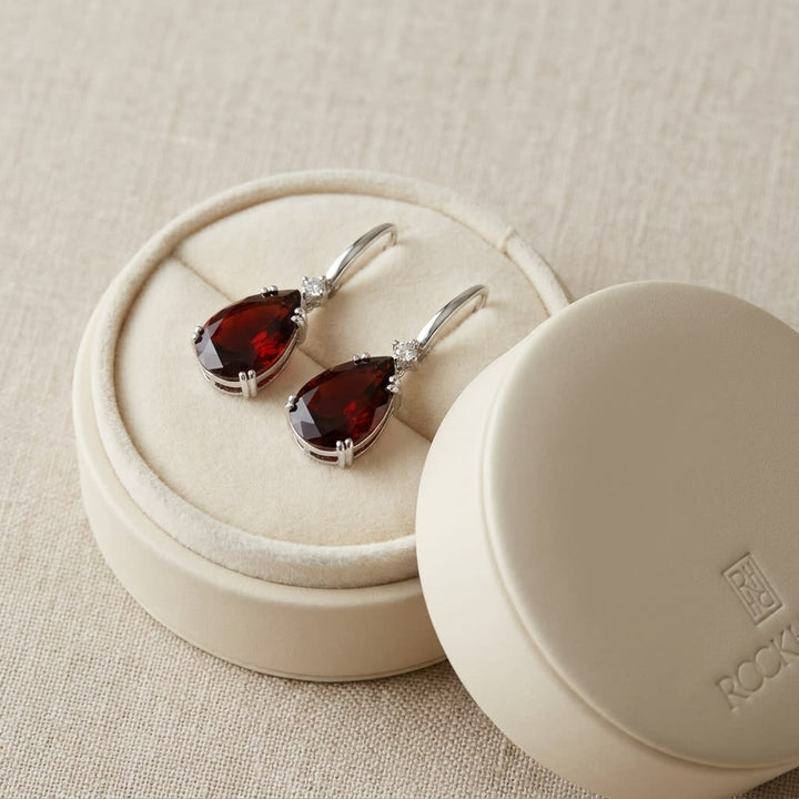 Garnet Pear And Diamond Earrings in 14K White Gold, in navy velvet jewelry box