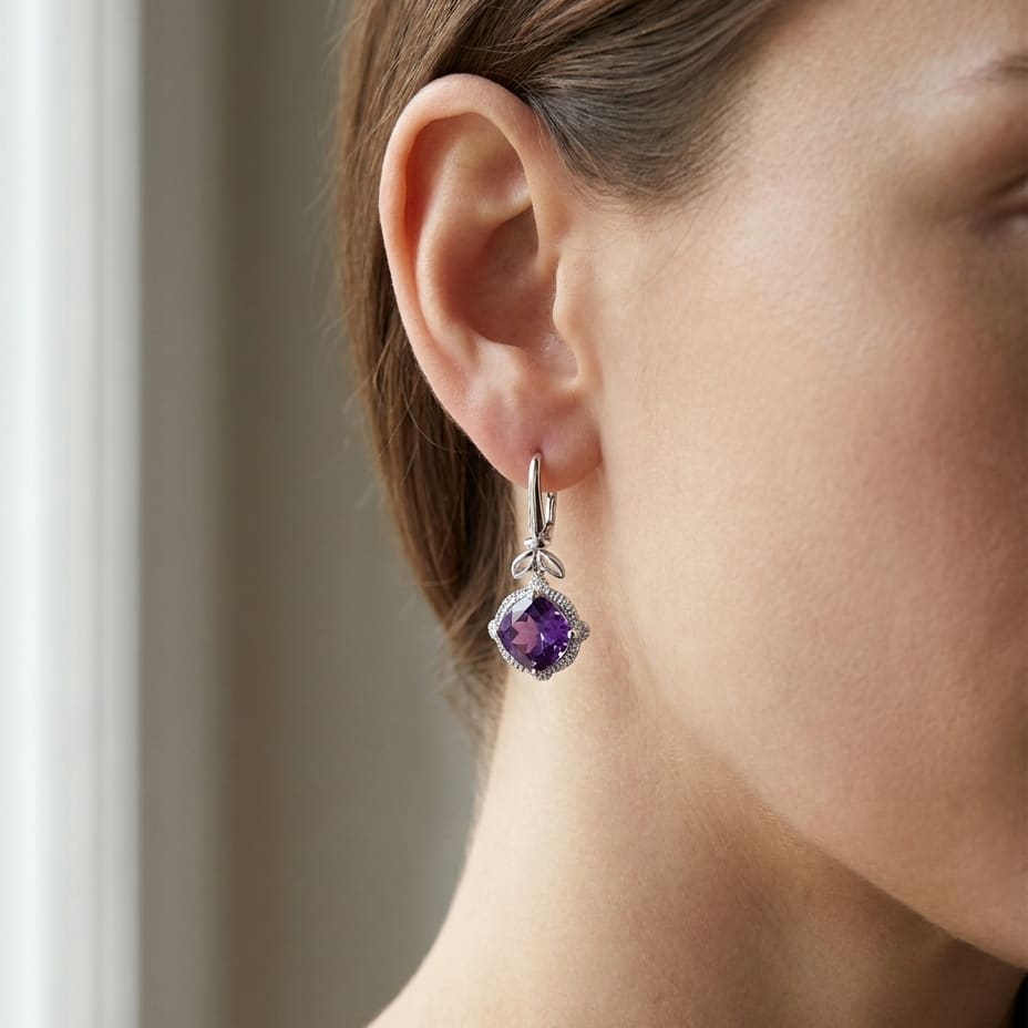Amethyst And Diamond Leaf Drop Earrings in 14K White Gold, worn close-up portrait