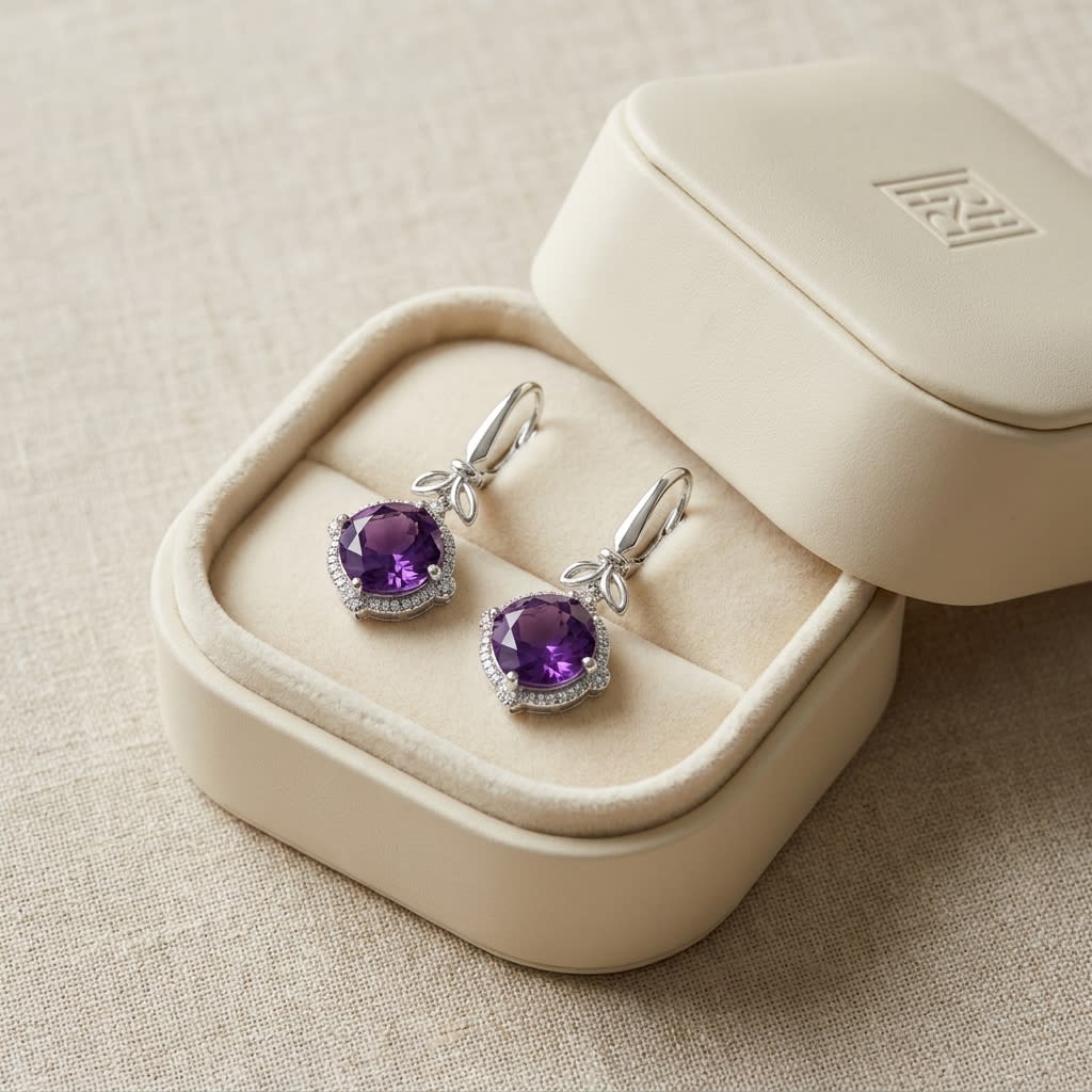 Amethyst And Diamond Leaf Drop Earrings in 14K White Gold, in navy velvet jewelry box