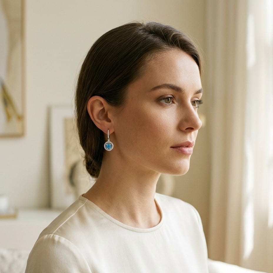 Blue Topaz & Diamond Swirl Dangling Earrings in 14K White Gold - editorial
