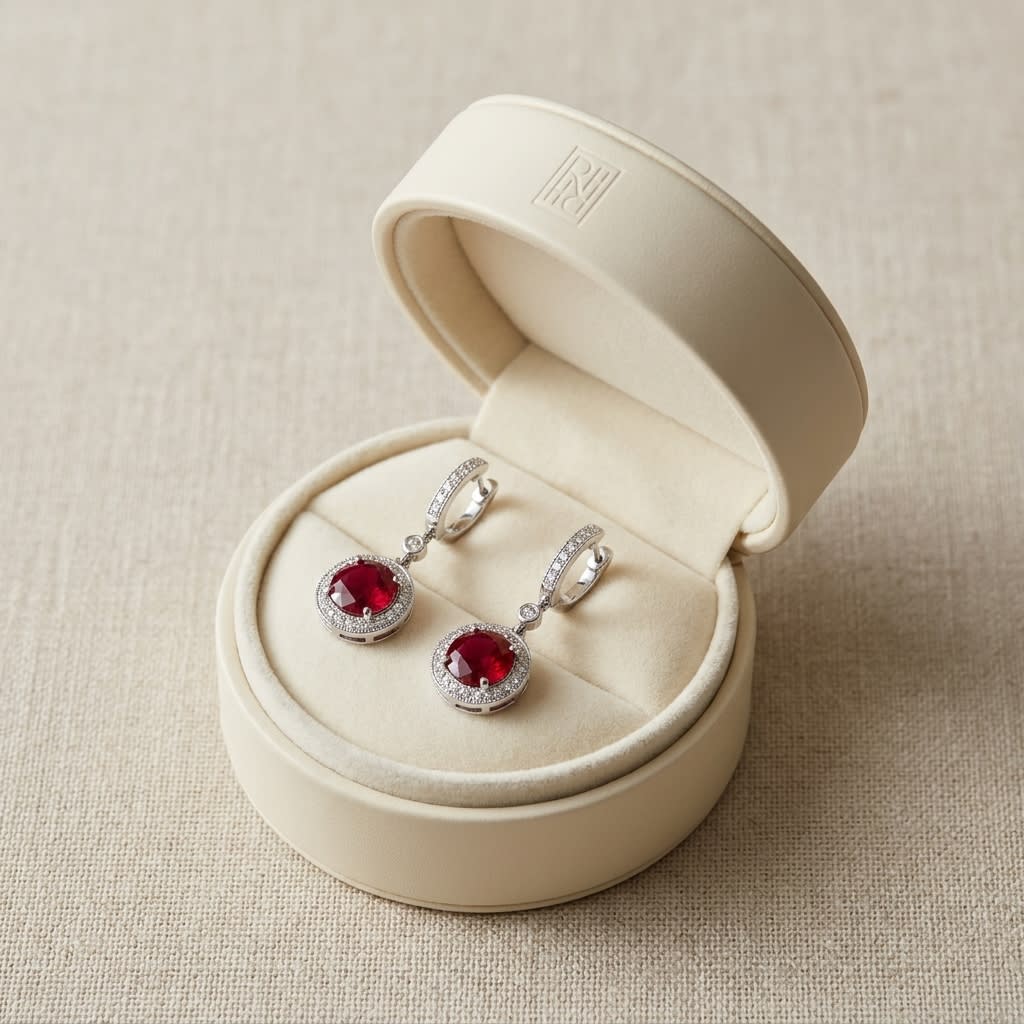 Ruby And Diamond Earrings in 14K White Gold, in navy velvet jewelry box