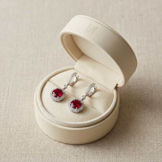 Ruby And Diamond Earrings in 14K White Gold, in navy velvet jewelry box