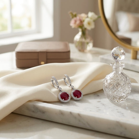 Ruby & Diamond Earrings in 14K White Gold - editorial