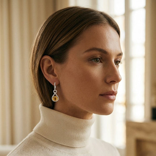Citrine & Diamond Round Doorknocker Earrings in 14K White Gold - editorial