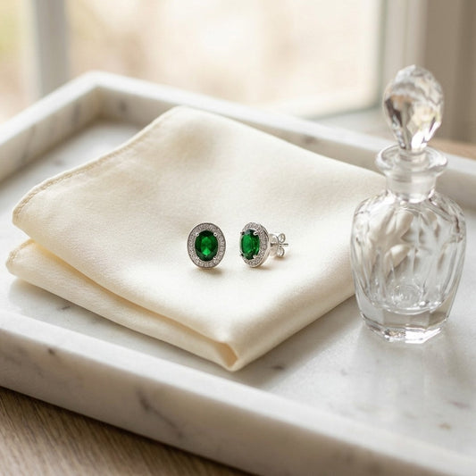 Emerald Oval & Diamond Earrings in 14K White Gold - editorial