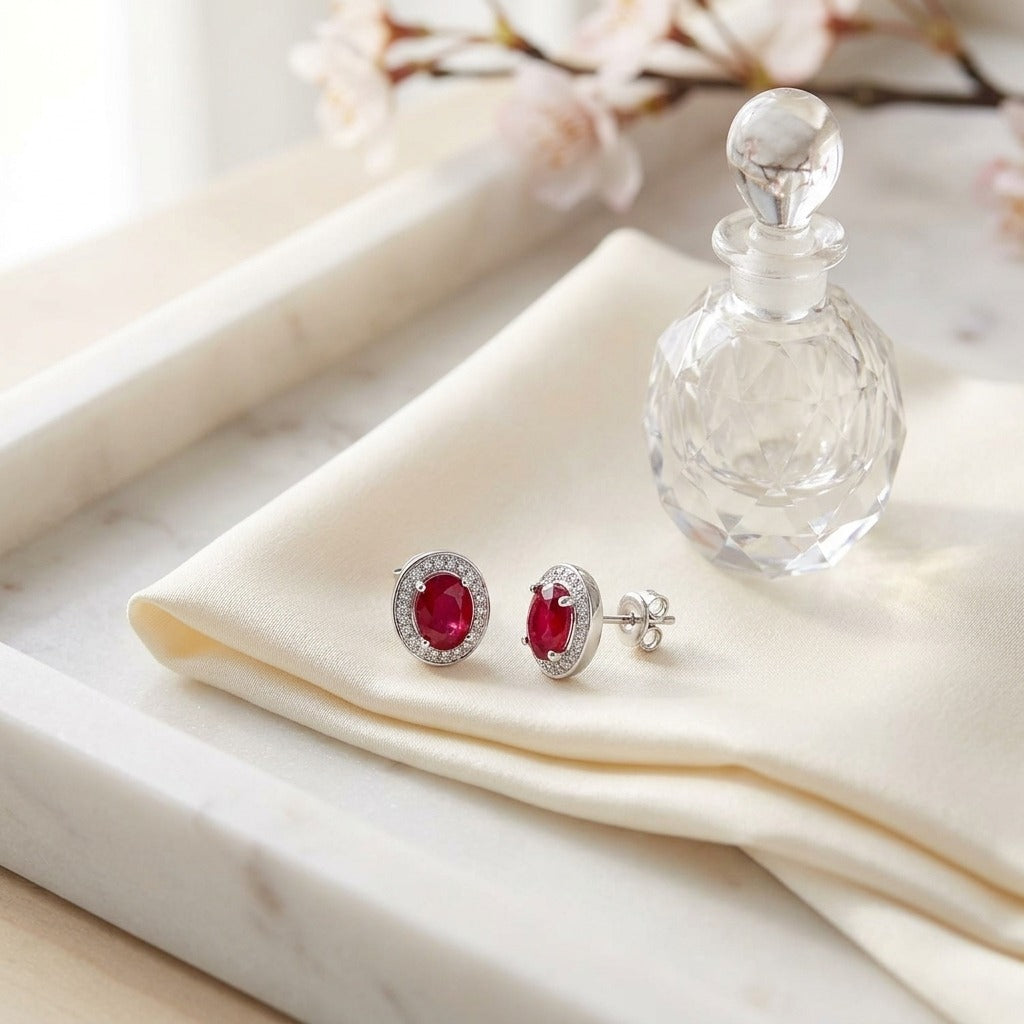 Ruby & Diamond Oval Halo Earrings in 14K White Gold - lifestyle