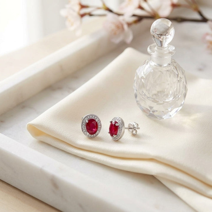 Ruby & Diamond Oval Halo Earrings in 14K White Gold - lifestyle