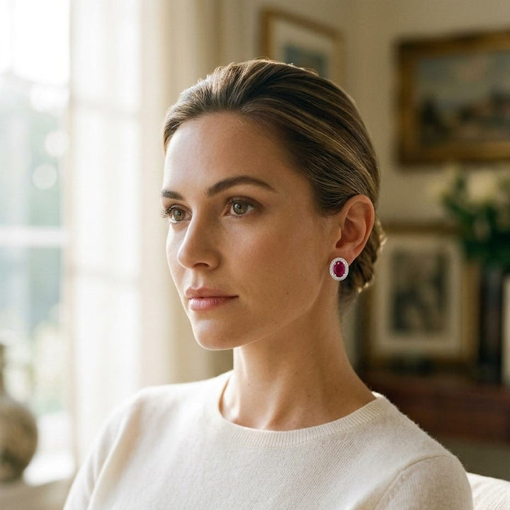 Ruby & Diamond Oval Halo Earrings in 14K White Gold - on model