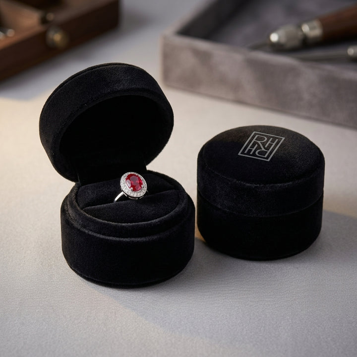 Ruby & Diamond Oval Halo Earrings in 14K White Gold - presentation