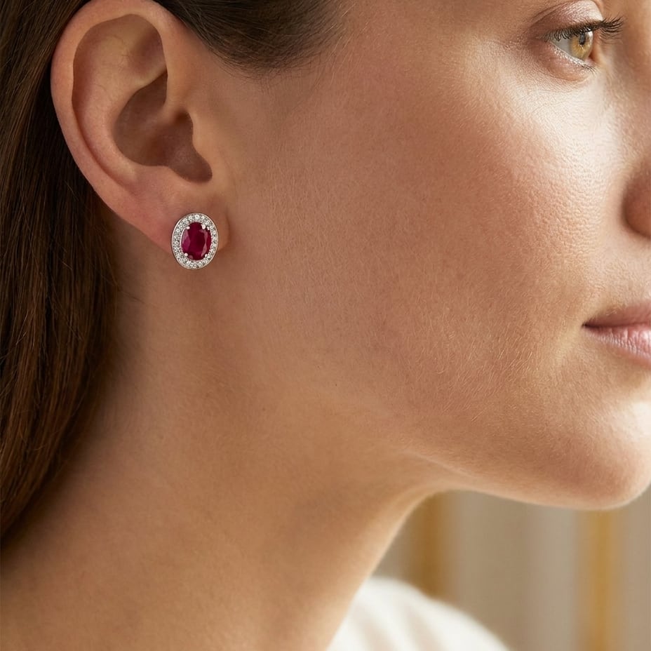 Ruby Oval Stud Earrings in 14K White Gold, worn close-up portrait
