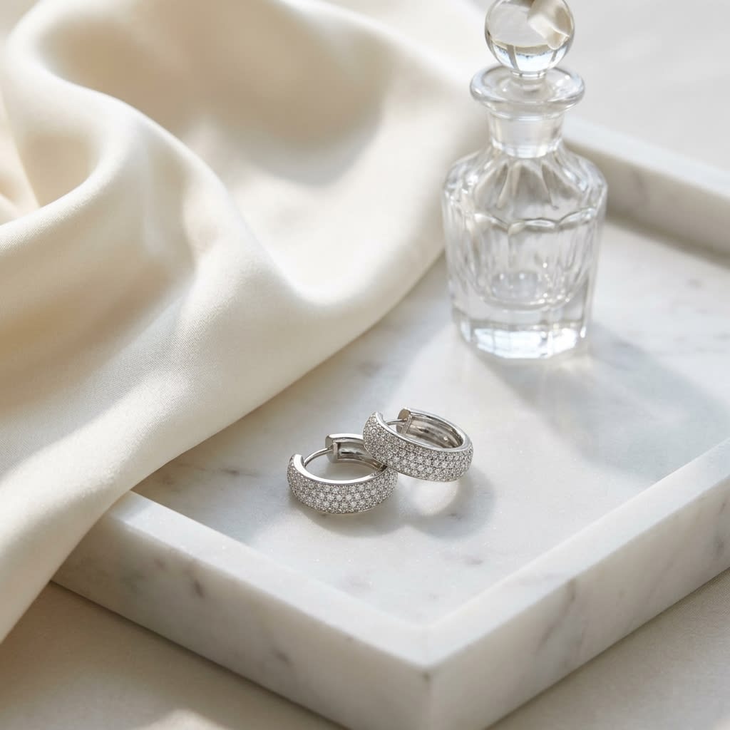 Princess Diamond Earrings in 14K White Gold, 1.50ct, on marble vanity tray with silk