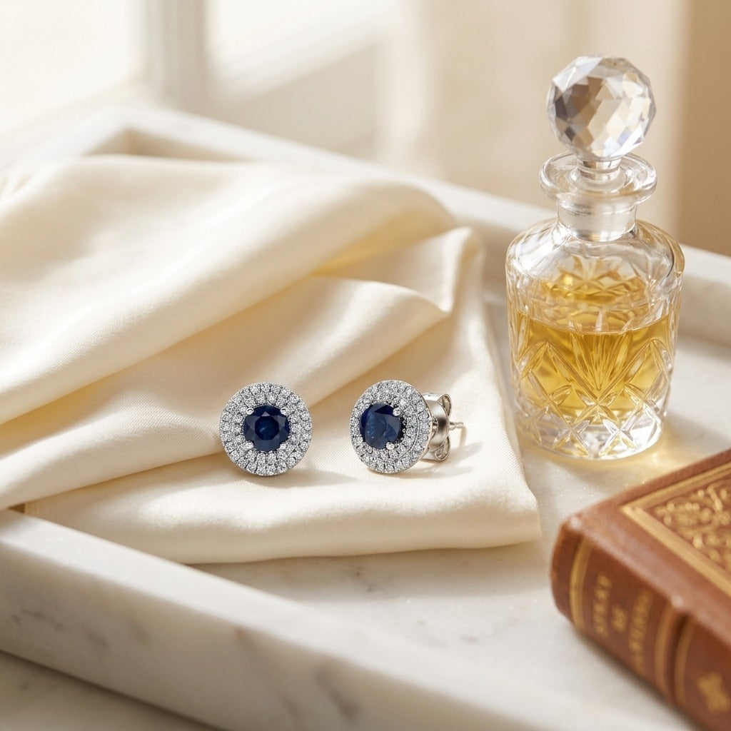 Sapphire & Diamond Double Halo Earrings in 14K White Gold - editorial