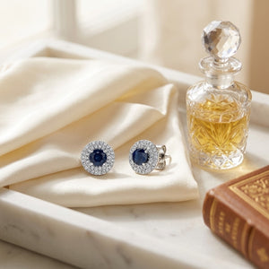 Sapphire & Diamond Double Halo Earrings in 14K White Gold - editorial