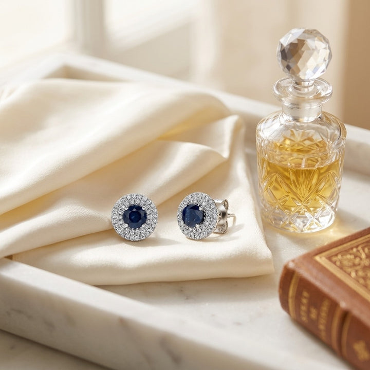 Sapphire & Diamond Double Halo Earrings in 14K White Gold - editorial