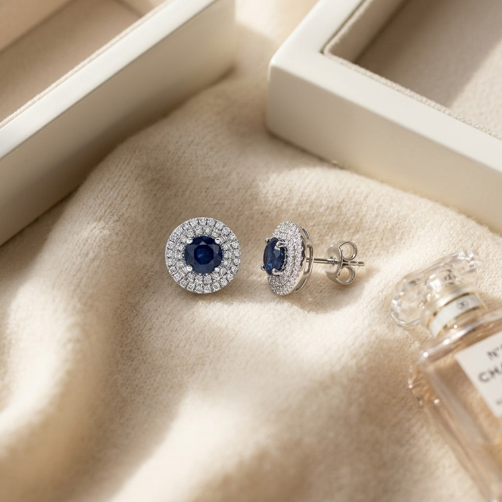 Sapphire & Diamond Double Halo Earrings in 14K White Gold - flat lay