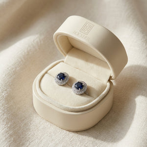 Sapphire And Diamond Double Halo Earrings In 14k White Gold (1/4 Ctw), in navy velvet jewelry box