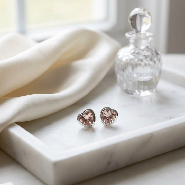 Heart Morganite Earrings in 14K White Gold, 3.40ct, on marble vanity tray with silk