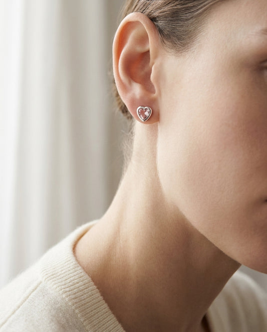 Heart Shaped Morganite & 14k White Gold Earring, worn close-up portrait