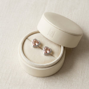 Heart Shaped Morganite & 14k White Gold Earring, in navy velvet jewelry box