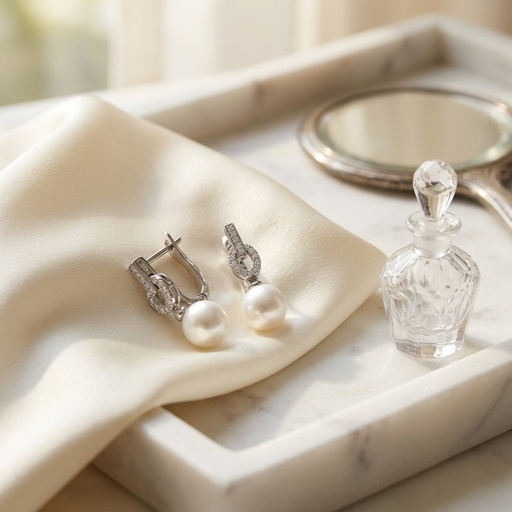 Freshwater Pearl & Diamond Earrings in 14K White Gold - lifestyle