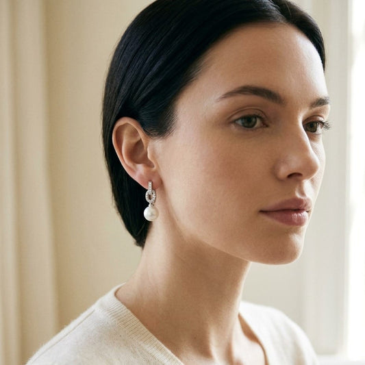 Freshwater Pearl & Diamond Earrings in 14K White Gold - editorial