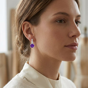 Amethyst & Diamond Drop Earrings in 14K White Gold - lifestyle