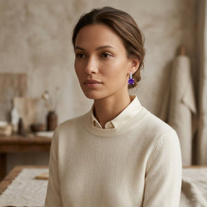 Amethyst & Diamond Drop Earrings in 14K White Gold - on model