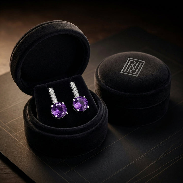 Amethyst & Diamond Drop Earrings in 14K White Gold - presentation