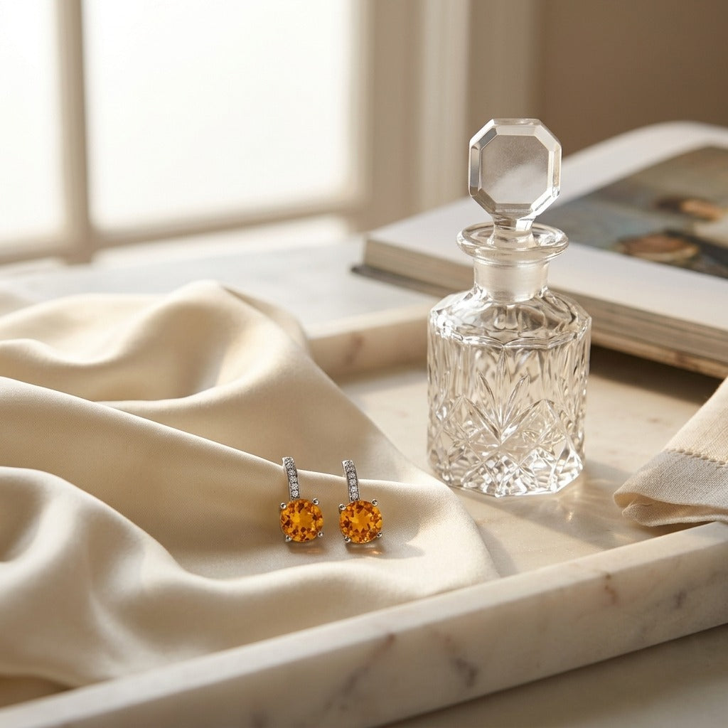 Citrine & Diamond Drop Earrings in 14K White Gold - lifestyle