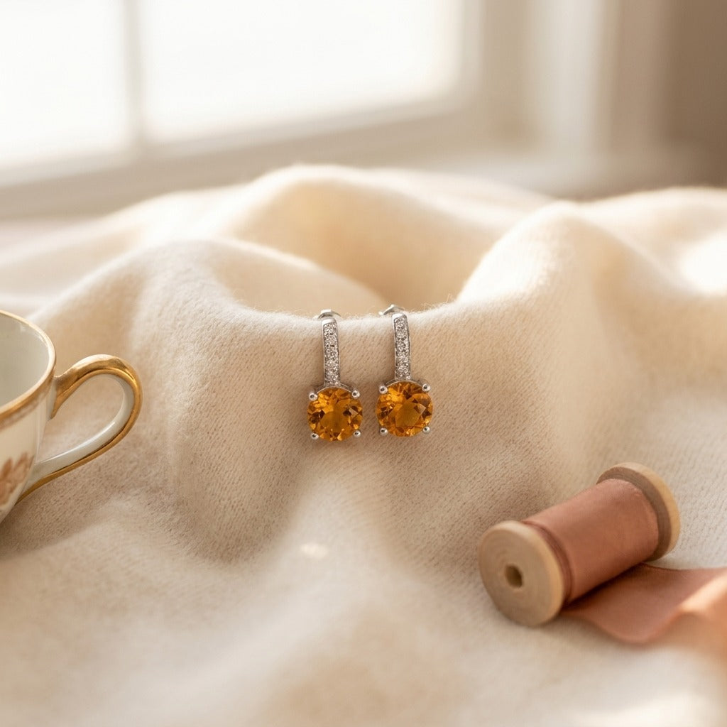 Citrine & Diamond Drop Earrings in 14K White Gold - flat lay