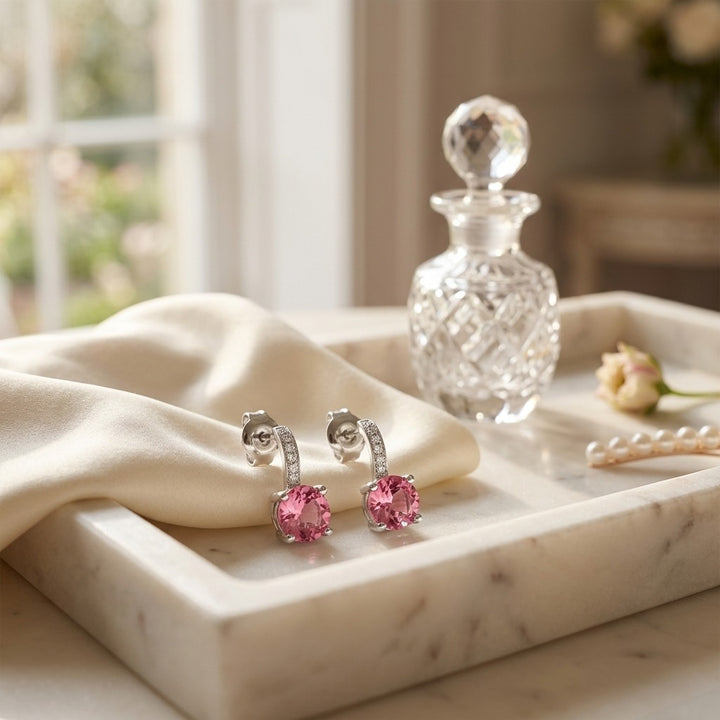 Pink Tourmaline & Diamond Drop Earrings in 14K White Gold - lifestyle