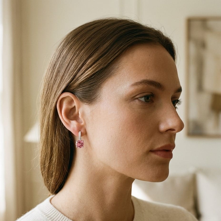 Pink Tourmaline & Diamond Drop Earrings in 14K White Gold - editorial