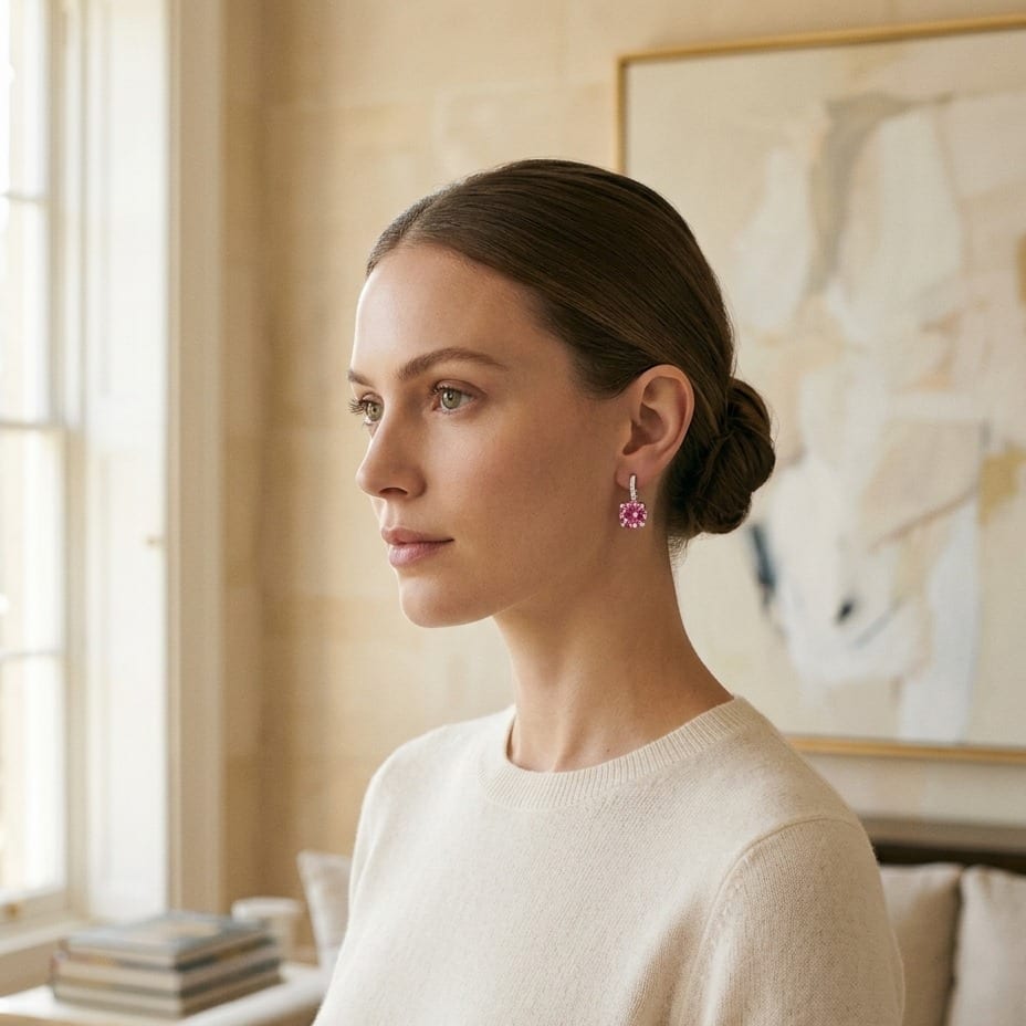 Pink Tourmaline & Diamond Drop Earrings in 14K White Gold - on model