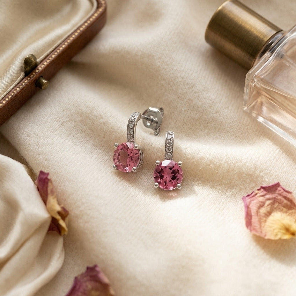 Pink Tourmaline & Diamond Drop Earrings in 14K White Gold - flat lay