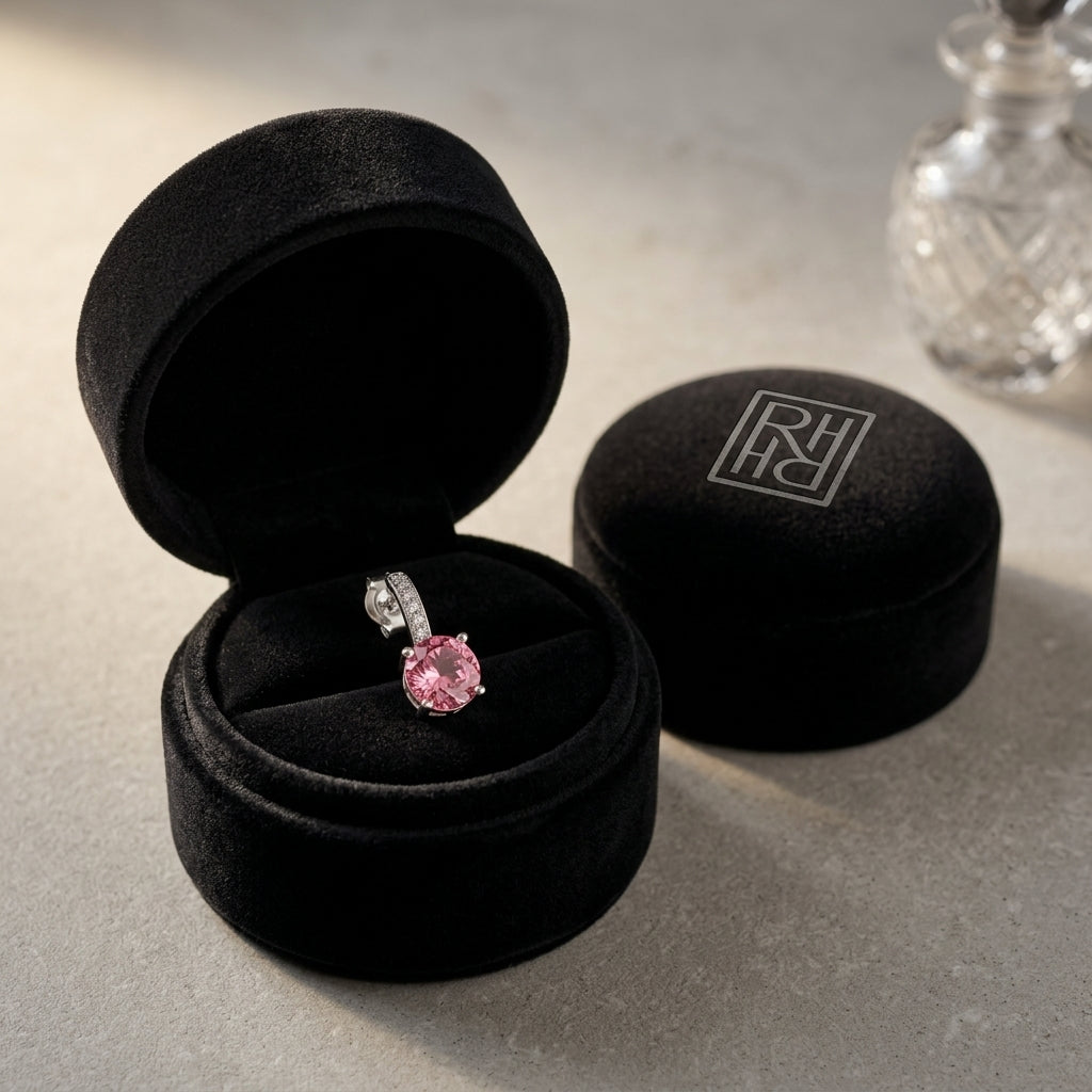 Pink Tourmaline & Diamond Drop Earrings in 14K White Gold - presentation