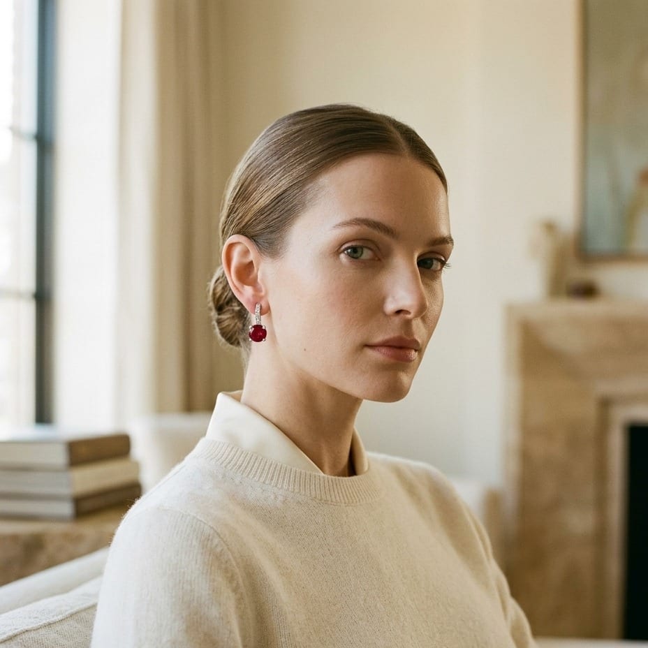 Ruby & Diamond Earrings in 14K White Gold - on model