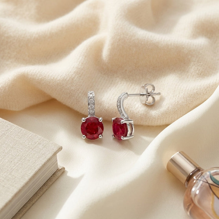 Ruby & Diamond Earrings in 14K White Gold - flat lay