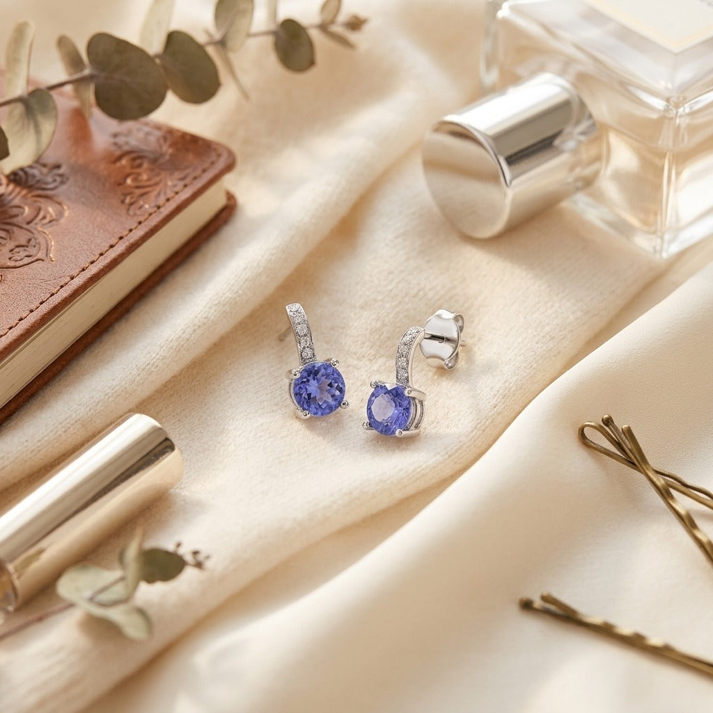 Tanzanite & Diamond Earrings in 14K White Gold - flat lay