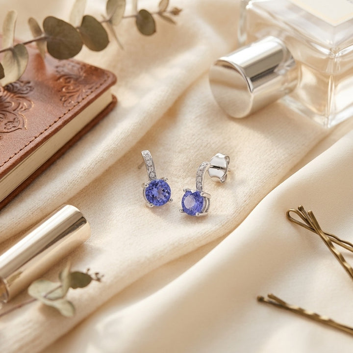 Tanzanite & Diamond Earrings in 14K White Gold - flat lay