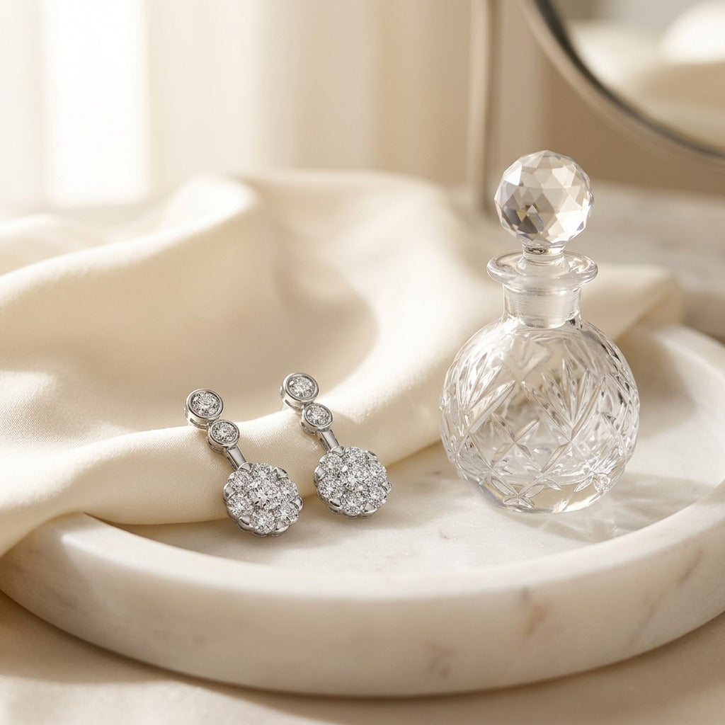 Diamond Beaded Top Earrings in 14K White Gold - editorial