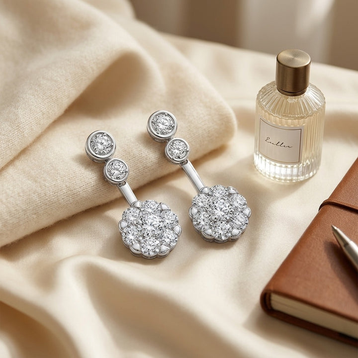 Diamond Beaded Top Earrings in 14K White Gold - flat lay