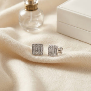 Diamond Square Button Earrings in 14K White Gold - flat lay