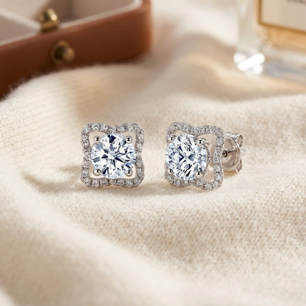 Diamond Earrings in 14K White Gold - flat lay