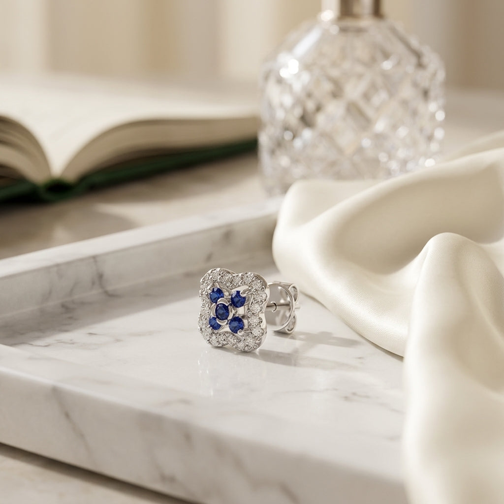 Sapphire & Diamond Clover Earrings in 14K White Gold - editorial