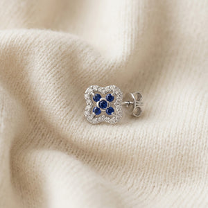 Sapphire & Diamond Clover Earrings in 14K White Gold - flat lay