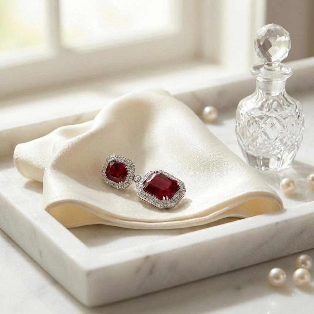 Sapphire and Diamond Halo Earrings in 14K White Gold, 0.21ct, on marble vanity tray with silk