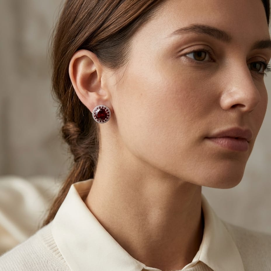 Sapphire and Diamond Halo Earrings in 14K White Gold, 0.21ct, worn close-up portrait