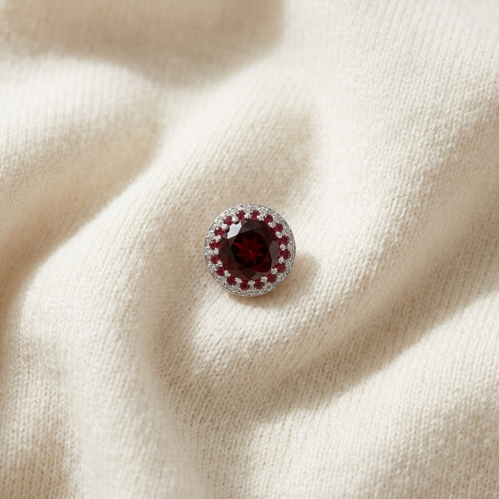 Garnet, Orange Sapphire & Diamond Halo Earrings in 14K White Gold - flat lay
