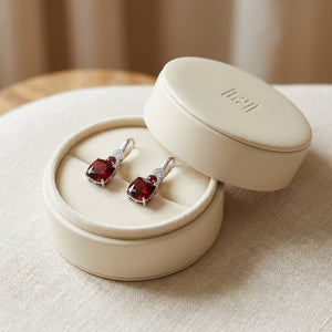 Rhodolite Garnet & Diamond Earrings in 14K White Gold, in navy velvet jewelry box