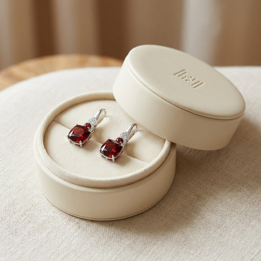 Rhodolite Garnet & Diamond Earrings in 14K White Gold, in navy velvet jewelry box